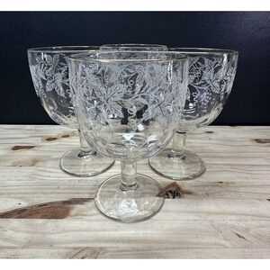 Bartlett Collins Grapes & Leaves Water Goblets Etched w/ Gold Rims Set of (4)
